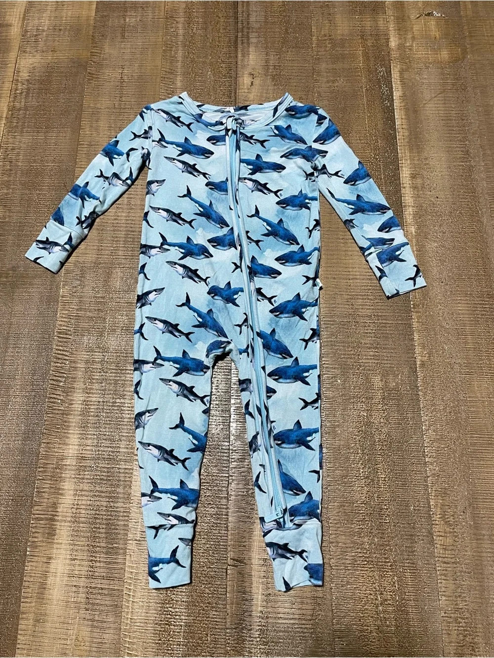 Blue Shark Print Kids One-Piece Zipper Romper
